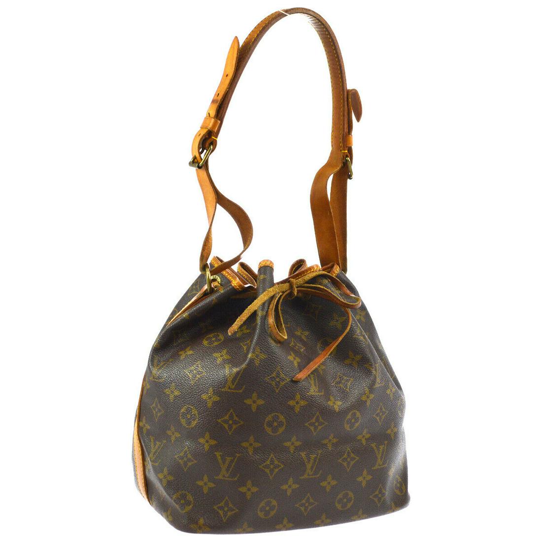 Authentic LOUIS VUITTON Petit Noe Drawstring Shoulder: Brand: LOUIS VUITTON Material: Monogram Canvas, Leather Style: Shoulder Bag Color: Brown Size(inch): W9.8 x H10.6 x D7.5 " / Strap Drop: 9.4 - 12.6 Size(inch): W 9.8 x H 10.6 x D 7.5 " Strap Drop. 9.4