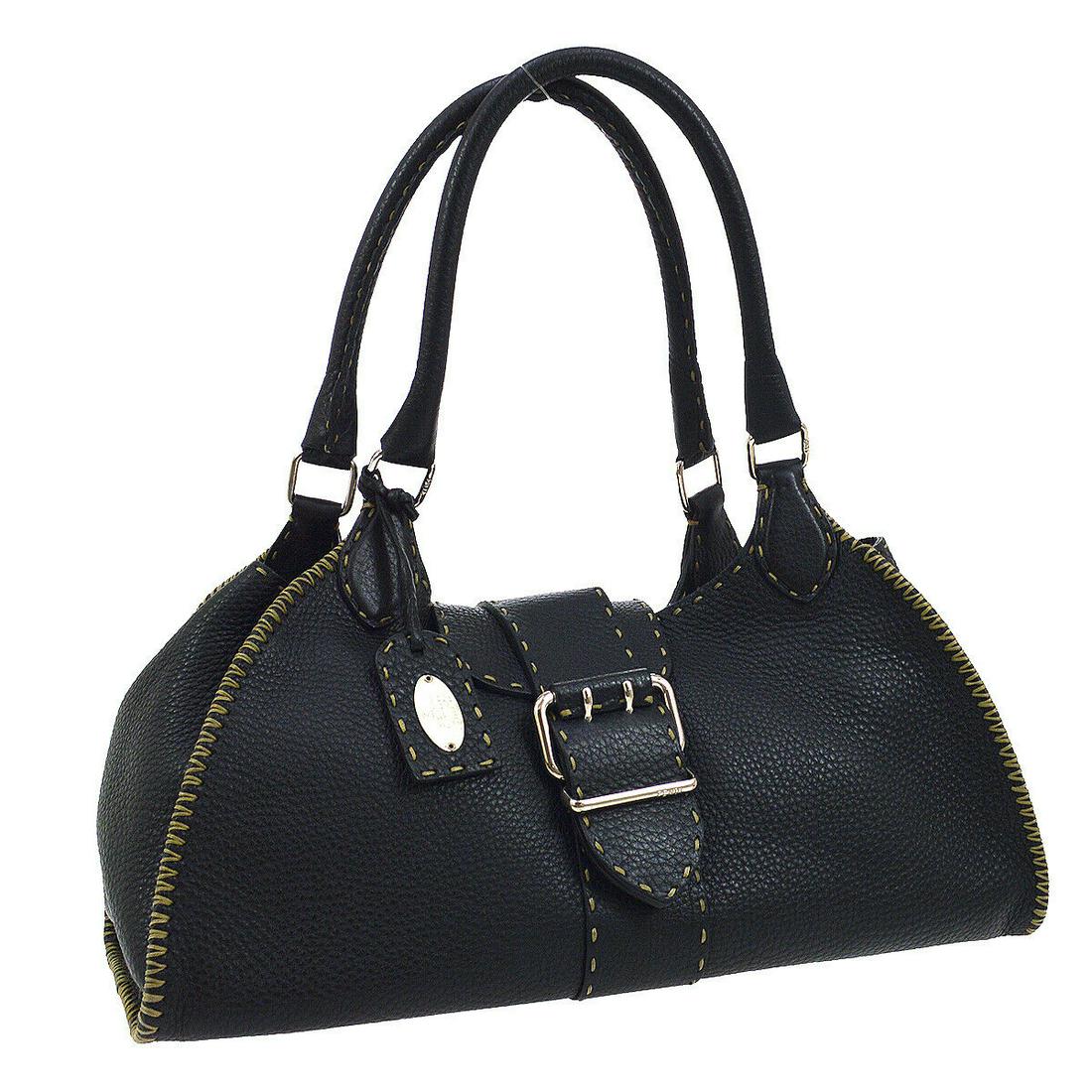 Authentic FENDI Selleria Logos Hand Bag: Brand: FENDI Material: Leather Style: Hand Bag Color: Black Size(inch): W15.0 x H7.9 x D5.9 " / Strap Drop: 9.1 Country of Manufacture: Italy Come with: Authenticity Card All Bidhaus items come with a