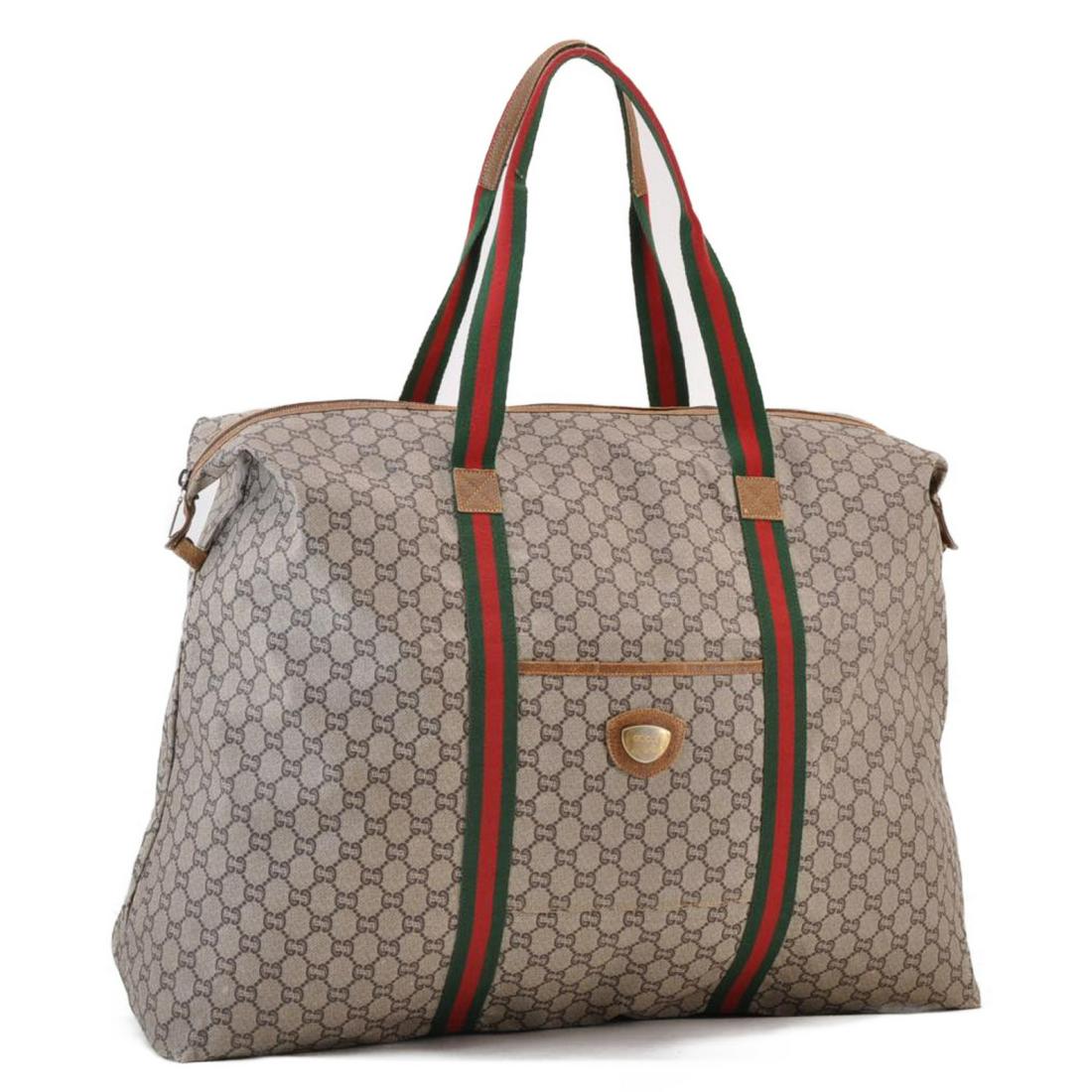Authentic GUCCI Plus Sherry Line PVC Leather Tote Bag: Brand: GUCCI Material: PVC Leather Style: Tote Bag Color: Red / Green Size(inch): W22.44 x H14.96 x D7.08inch(Approx) Country of Origin: Italy Accessory: There is no item box and dust bag. We will sen