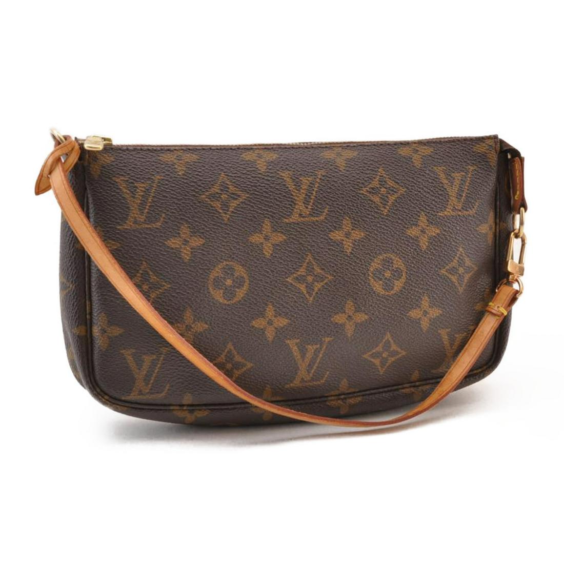 Authentic LOUIS VUITTON Monogram Pochette Accessoires: Brand: LOUIS VUITTON Material: Monogram Canvas Style: Pouch Color: Monogram Size(inch): W8.3 x H5 x D1.2â€³ / Strap Length 13â€³(Approx) Country of Origin: France Accessory: There is no item b