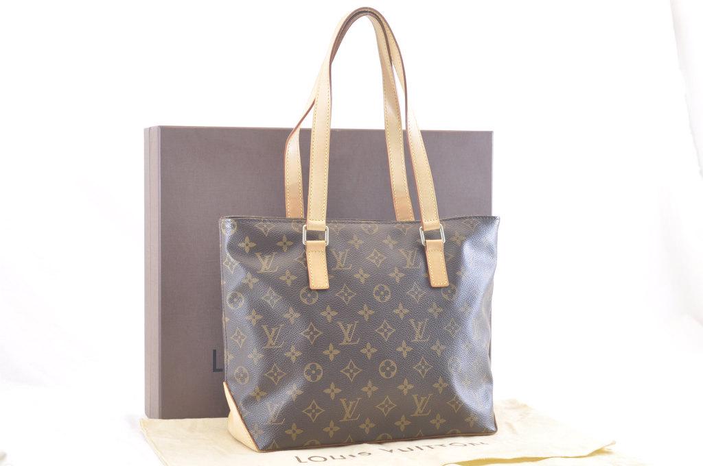 Authentic LOUIS VUITTON Monogram Cabas Piano Tote Bag: Brand: Louis Vuitton Material: Monogram Canvas Style: Tote Bag Color: Monogram Size(inch): W12.6 x H9.5 x D4.7â€³ / Shoulder Strap Length 19â€³(Approx) Country of Origin: France Accessory: Dus