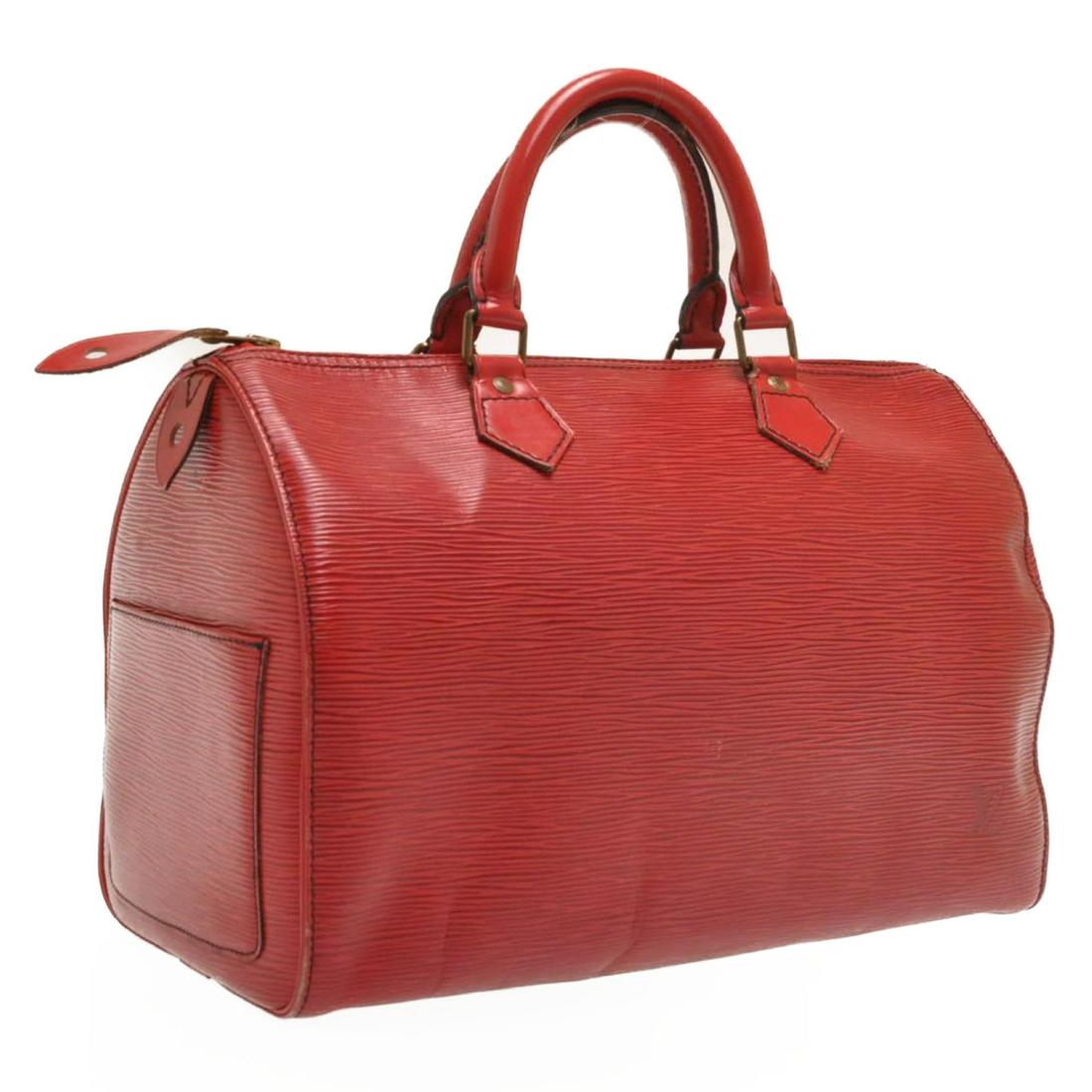 Authentic LOUIS VUITTON Epi Speedy 30 Hand Bag: Brand: LOUIS VUITTON Material: Epi Leather Style: Hand Bag Color: Red Size(inch): W12 x H9 x D6.5â€³(Approx) Country of Origin: France Accessory: Dust Bag All Bidhaus items come with a 100% money-