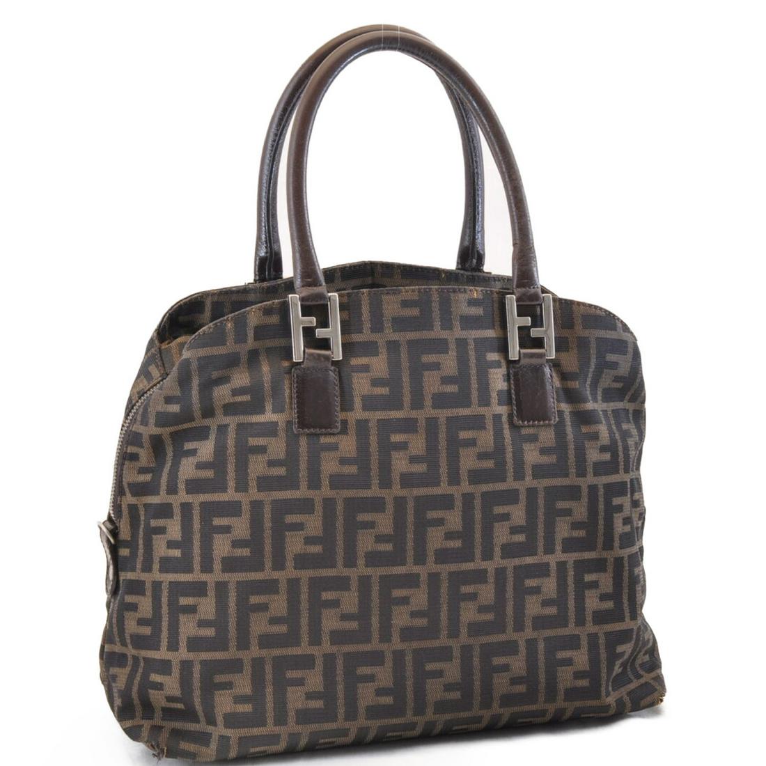 Authentic FENDI Zucca Canvas Hand Bag: Brand: FENDI Material: Canvas Style: Hand Bag Color: Brown / Black Size(inch): W12.2 x H11.02 x D4.72inch(Approx) Country of Origin: Italy Accessory: There is no item box and dust bag. We will send on