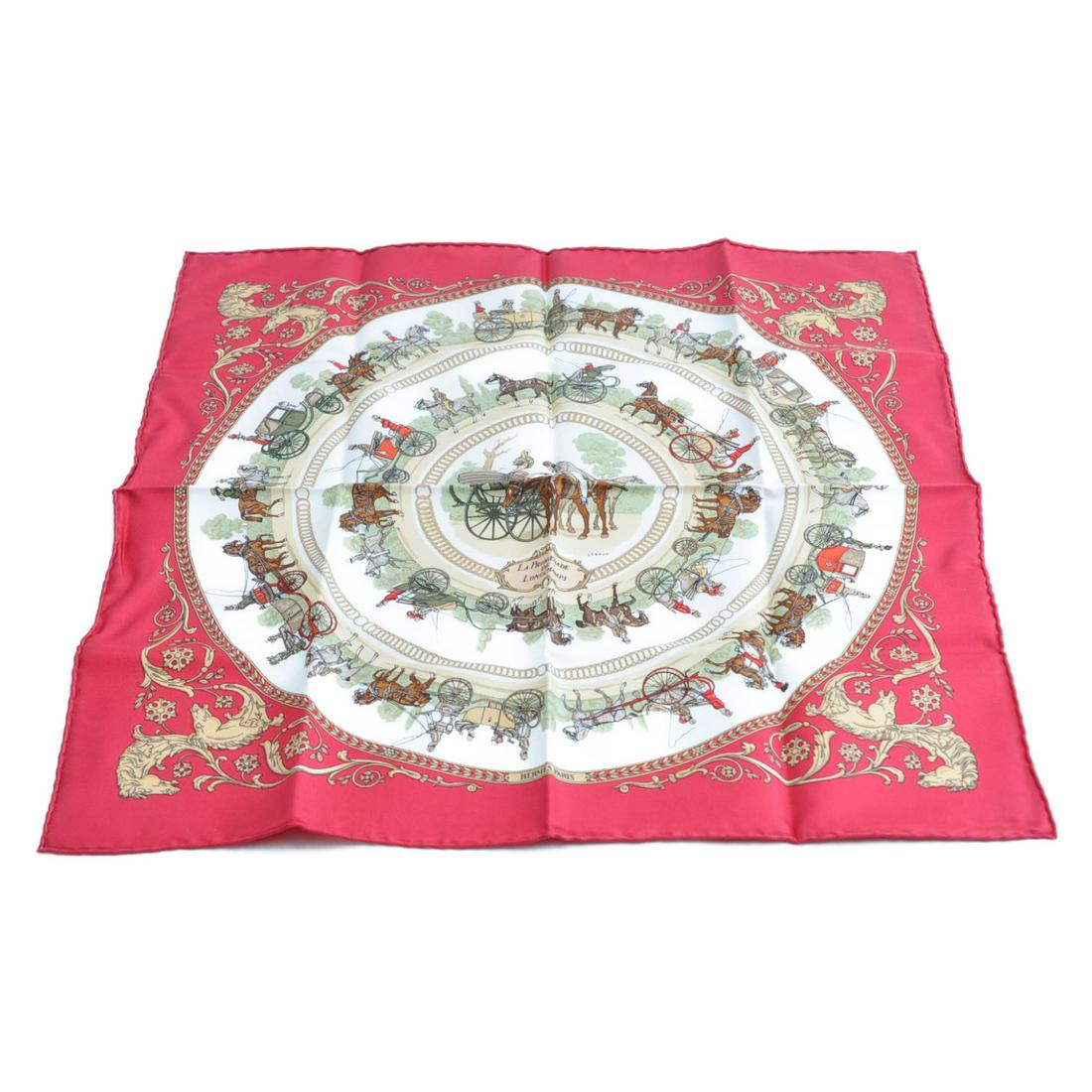 Authentic HERMES Scarf ""LA PROMENADE DE LONGCHAMPS"": Brand: HERMES Material: Silk Style: Scarf Color: Red Size(inch): W17.71 x H17.71â€³ (Approx) Country of Origin: France Accessory: Dust Bag All Bidhaus items come with a 100% money-back authenticit