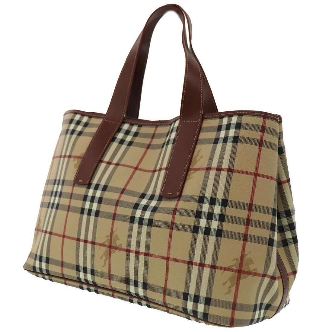 Authentic BURBERRY House Check Tote Hand Bag: Brand: BURBERRYs Material: Leather Style: Tote Color: Brown Beige Size(Inch): H 5.9 x D 6.6 x L 15.7 Handle : 16.5 Come with: - All Bidhaus items come with a 100% money-back authenticity guarantee. Pl