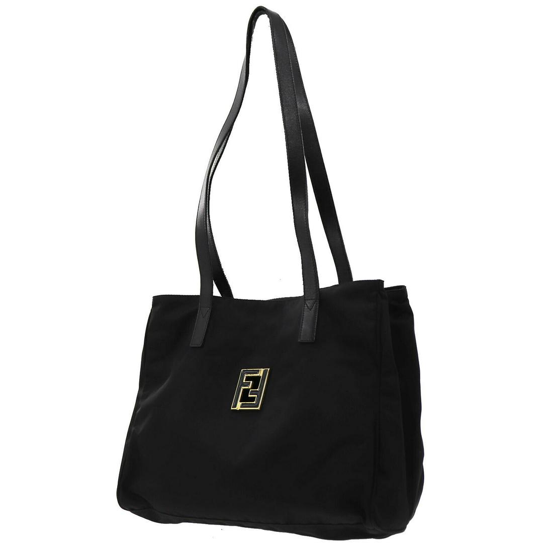 Authentic FENDI Logos Pattern Shoulder Bag: Brand: Fendi Material: Nylon Leather Style: Shoulder Bag Color: Black Size(Inch): H 11.0 x D 5.1 x L 14.1 Shoulder : 28.7 Country of Origin: Italy Come with: - All Bidhaus items come with a 100% money