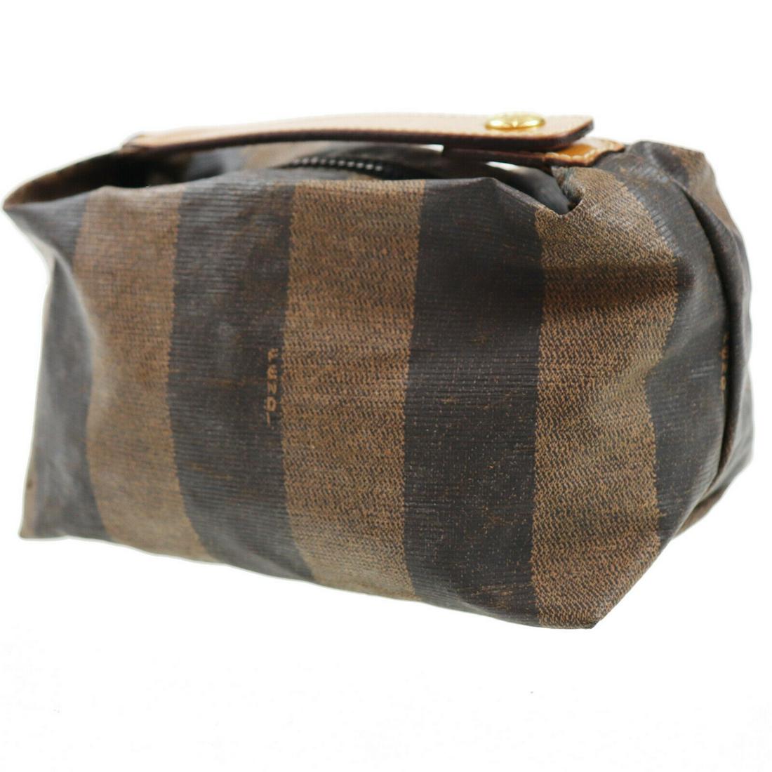 Authentic FENDI Pequin Striped Shoulder Bag: Brand: Fendi Material: PVC Leather Style: Pouch Color: Brown Black Size(Inch): H 4.7 x D 4.7 x L 6.4 Handle. 5.1 Country of Origin: Italy Come with: - All Bidhaus items come with a 100% money-back aut