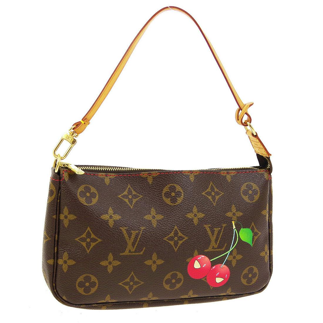 Authentic LOUIS VUITTON POCHETTE ACCESSOIRES HAND BAG: Brand: Louis Vuitton Material: Monogram Cherry Canvas, Leather Style: Hand Bag Color: Brown, Red Size(inch): W8.3 x H5.1 x D1.4 " / Strap Drop: 5.1 Size(inch): W 8.3 x H 5.1 x D 1.4 " Handle Drop. 5.1