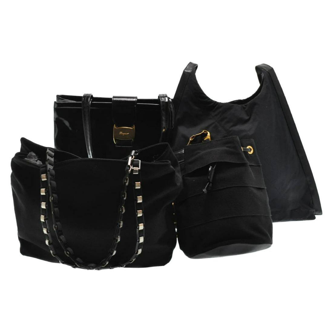 Authentic Salvatore Ferragamo 4Set: Brand: Salvatore Ferragamo 4Set Style: Backpack / Tote Bag / Shoulder Bag Material: Nylon / Enamel Color: Black Made In: Italy Size (Inches): - Exterior Condition: Nylon : Lose Shape, Rubbing, Dirt En