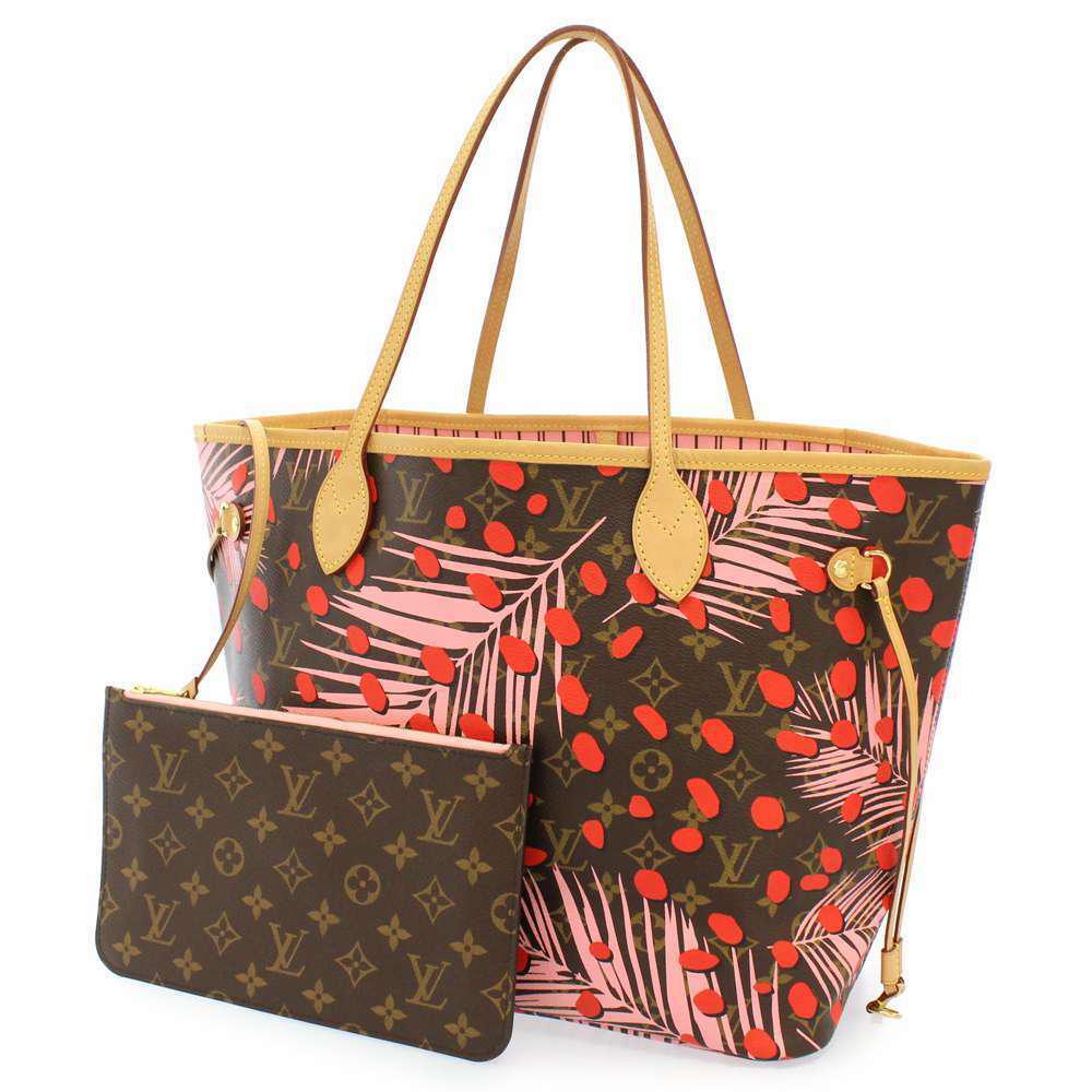 Authentic LOUIS VUITTON Neverfull Mm: Brand: LOUIS VUITTON Material: Monogram Canvas (Jungle Dot Print) Style: Tote Bag Color: Poppy Size: (inch)W17.71(top) / 12.2(bottom) X H11.22 X D6.29 (cm)W45(top) / 31(bottom) X H28.5 X D16 All Bidha