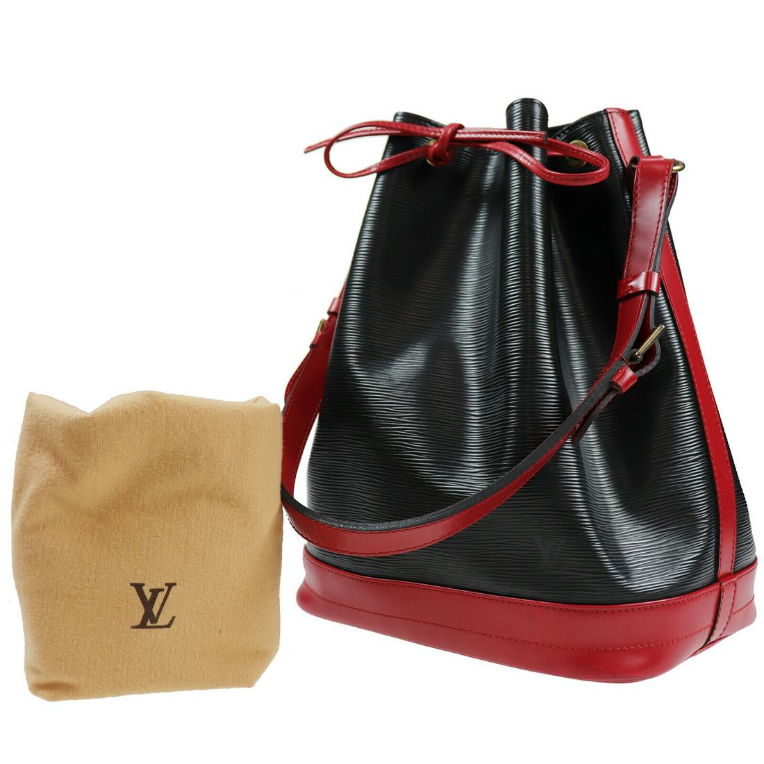Authentic LOUIS VUITTON Noe Shoulder Bag: Brand: LOUIS VUITTON Material: Epi Leather Style: Shoulder Bag Color: Red, Black Size(Inch): H 13.5 x D 7.6 x L 10.6 Shoulder. 24.0-30.3 Country of Origin: France All Bidhaus items come with a 100% mo