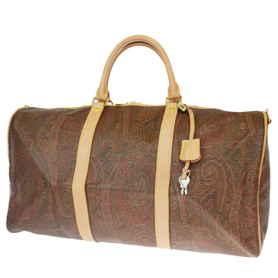 Authentic ETRO PVC Leather Hand Bag: Brand: ETRO Material: PVC Leather Style: Hand Bag Color: Bordeaux, Size(inch): W 19.3 x H 10.6 x D 9.1 "(approx.) Country of Origin: Italy Come with: Padlock,Key*2,Keybell All Bidhaus items come with