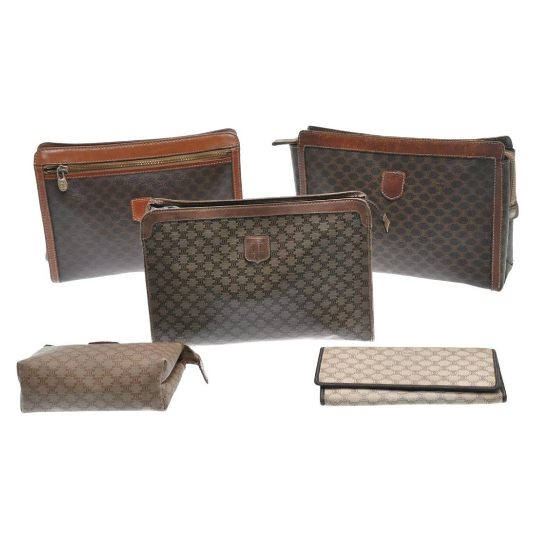 Authentic Celine Macadam Clutch Bag Pouch Wallet 5Set: Brand: Celine Style: Clutch Bag / Pouch / Wallet Material: Leather Color: Beige / Brown Made In: Italy Size (Inches): - Exterior Condition: Leather : loose Shape, Rubbing Leather : Rubbing, Stain, Tea