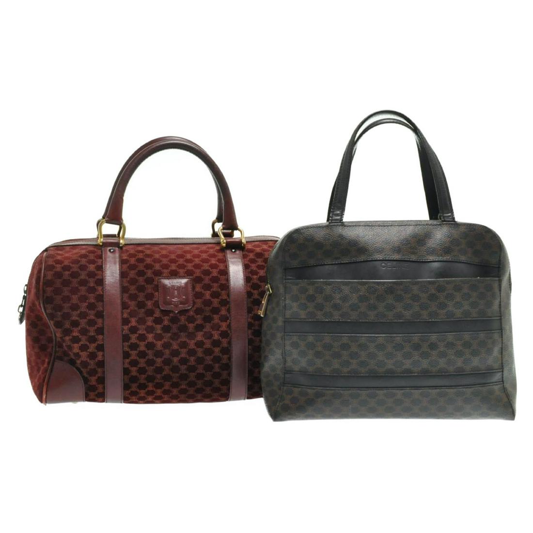 Authentic Celine Macadam Canvas Hand Bag 2Set: Brand: Celine Style: Hand Bag Material: Leather / SuÃ¨de Color: Red / Black / Brown Made In: Italy Size (Inches): W12.59 X H7.87 X D7.08Inch(Approx)W11.41 X H9.05 X D3.93Inch(Approx) Exterior Condit