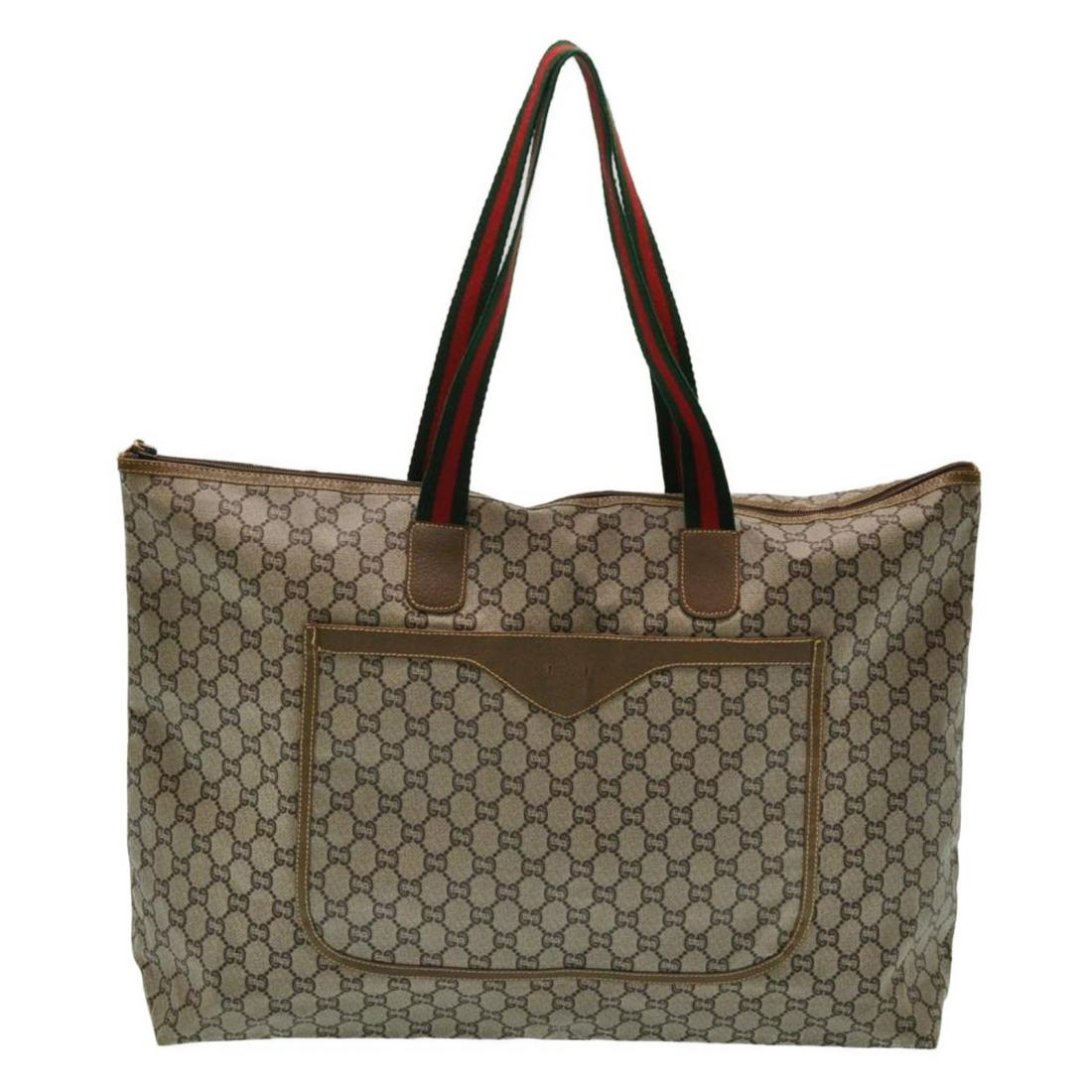 Authentic Gucci Web Sherry Line Gg Canvas Tote: Brand: Gucci Style: Tote Bag Material: Leather Color: Beige Made In: Italy Size (Inches): W19.29 X H14.96 X D4.72Inch / Handle Drop 9.44Inch(Approx) Exterior Condition: Leather : minor loose Shape, Ru