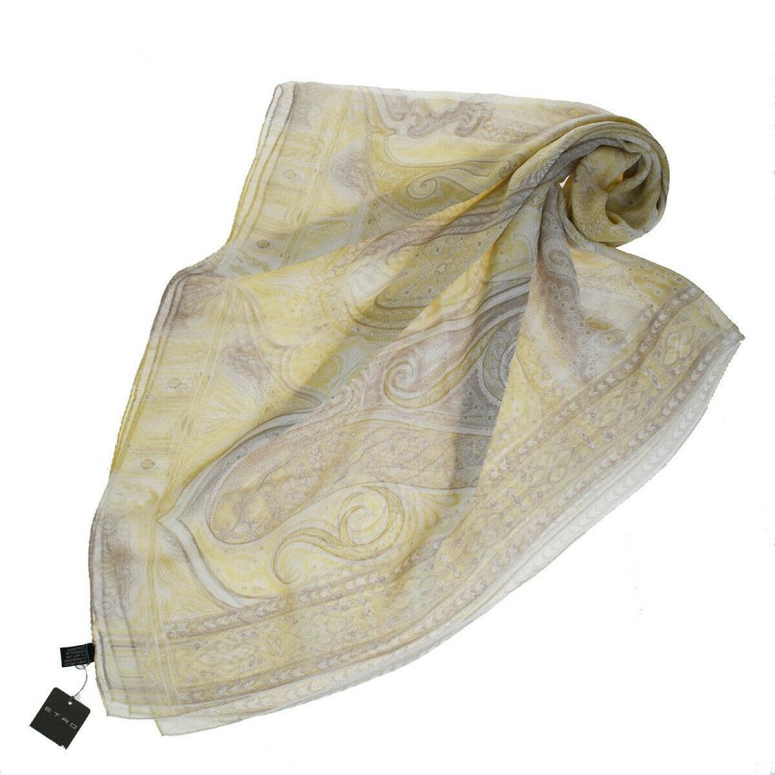 Authentic ETRO 100% Silk Scarf: Brand: ETRO Material: 100% Silk Style: Scarf Color: Begie Size(inch): W 53.1 x H 53.1 x D 0"(approx.) Country of Origin: Italy Come with: - All Bidhaus items come with a 100% money-back authenticity g