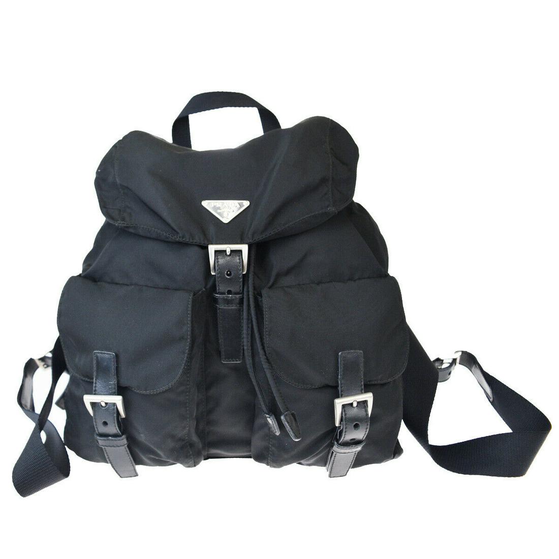 Authentic PRADA Nylon Leather Backpack Bag: Brand: PRADA Material: Nylon Leather Style: Backpack Bag Color: Black Size(inch): W 11.4 x H 11.8 x D 5.9 "(approx.) Country of Origin: Italy Come with: - All Bidhaus items come with a 100% money-back