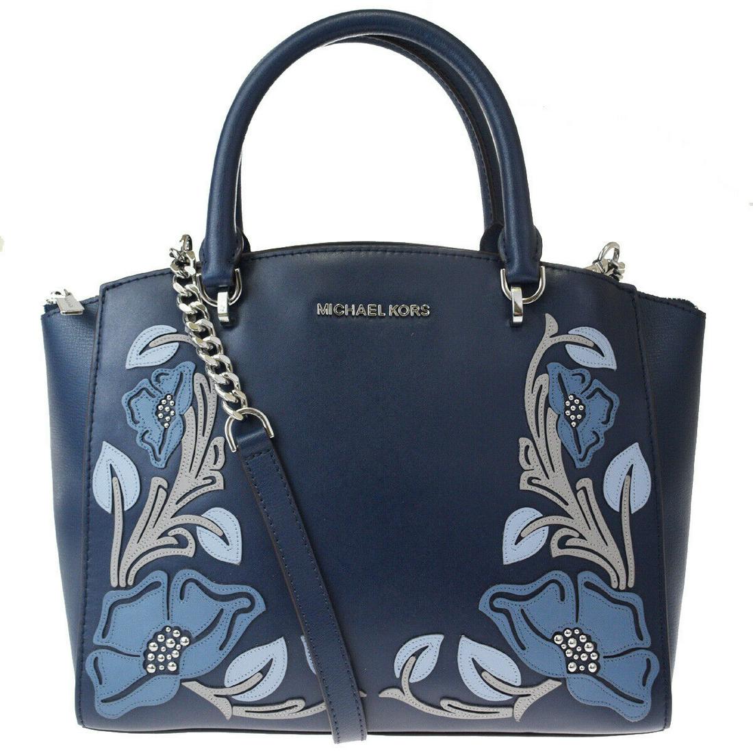 Authentic MICHAEL KORS Studded, Leather Shoulder Hand: Brand: MICHAEL KORS Material: Studded, Leather Style: Shoulder Hand Bag Color: Navy Blue Size(inch): W 11 x H 9.1 x D 3.9 "(approx.) Country of Origin: - Come with: Shoulder strap All Bidhaus items co