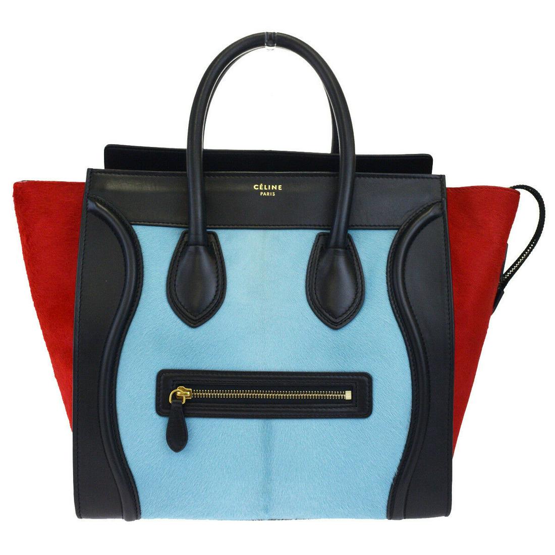Authentic CELINE Calf Fur Skin Leather Hand bag: Brand: CELINE Material: Calf Fur Skin Leather Style: Hand bag Color: Blue,Red Size(inch): W 11.8 x H 11.8 x D 7.1 "(approx.) Country of Origin: Italy Come with: - All Bidhaus items come with a 100% mo