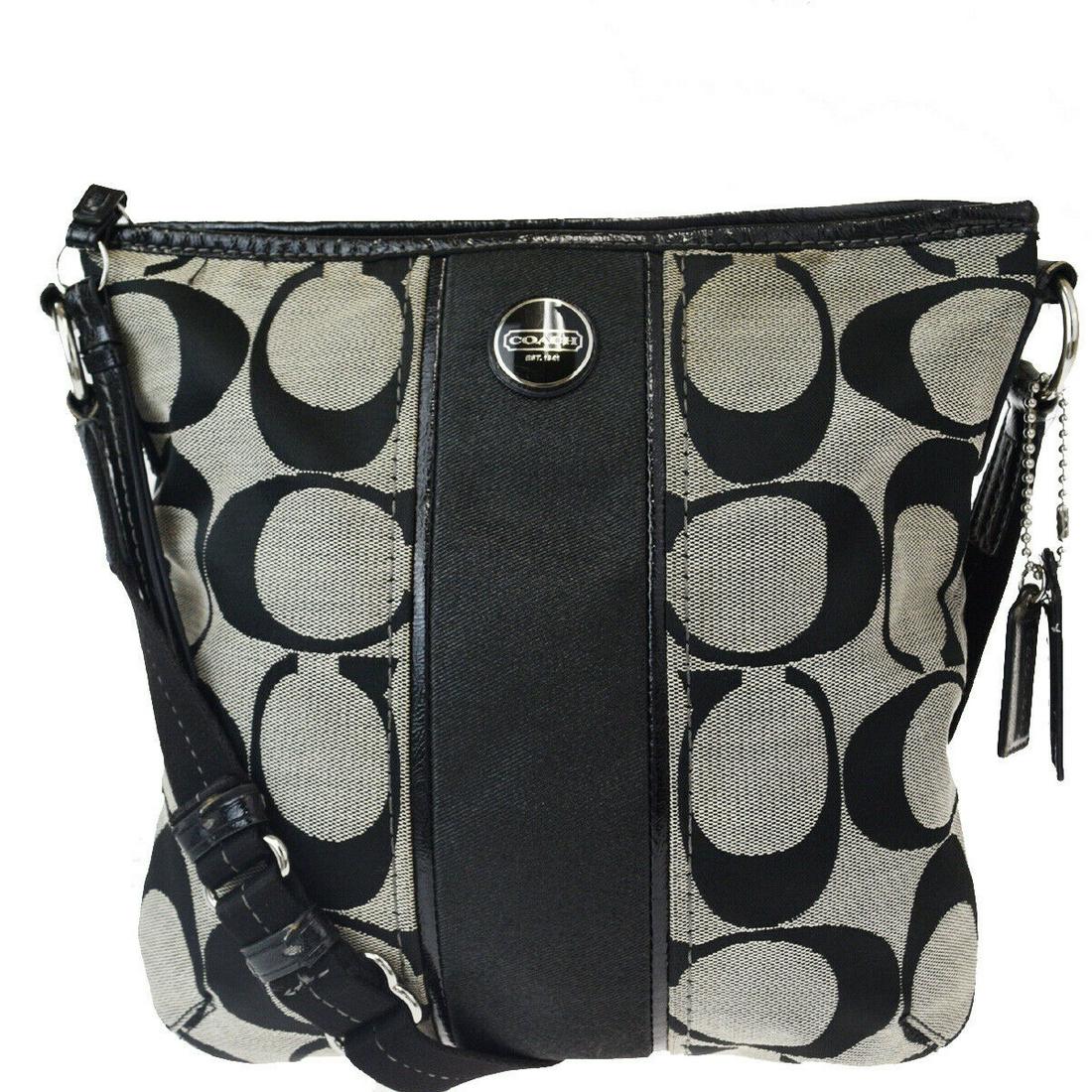 Authentic COACH Canvas, Patent Leather Shoulder Bag: Brand: COACH Material: Canvas, Patent Leather Style: Shoulder Bag Color: Black Size(inch): W 10.2 x H 10.6 x D 1.6 "(approx.) Country of Origin: China Come with: - All Bidhaus items come with a 100% m