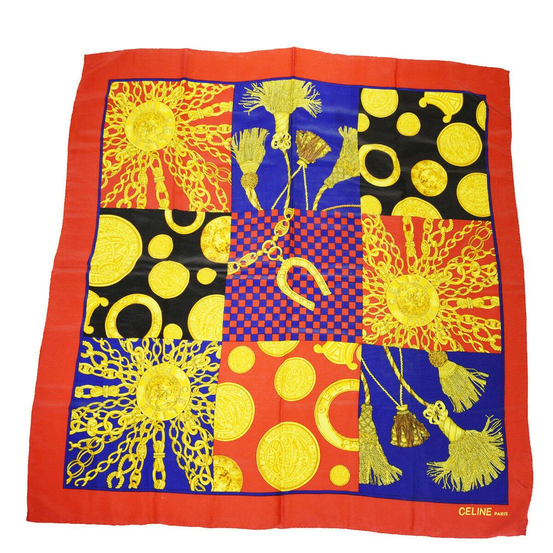 Authentic CELINE 100% Silk Scarf: Brand: CELINE Material: 100% Silk Style: Scarf Color: Red Size(inch): W 33.1 x H 34.6 x D 0 "(approx.) Country of Origin: Paris Come with: - All Bidhaus items come with a 100% money-back authenticity