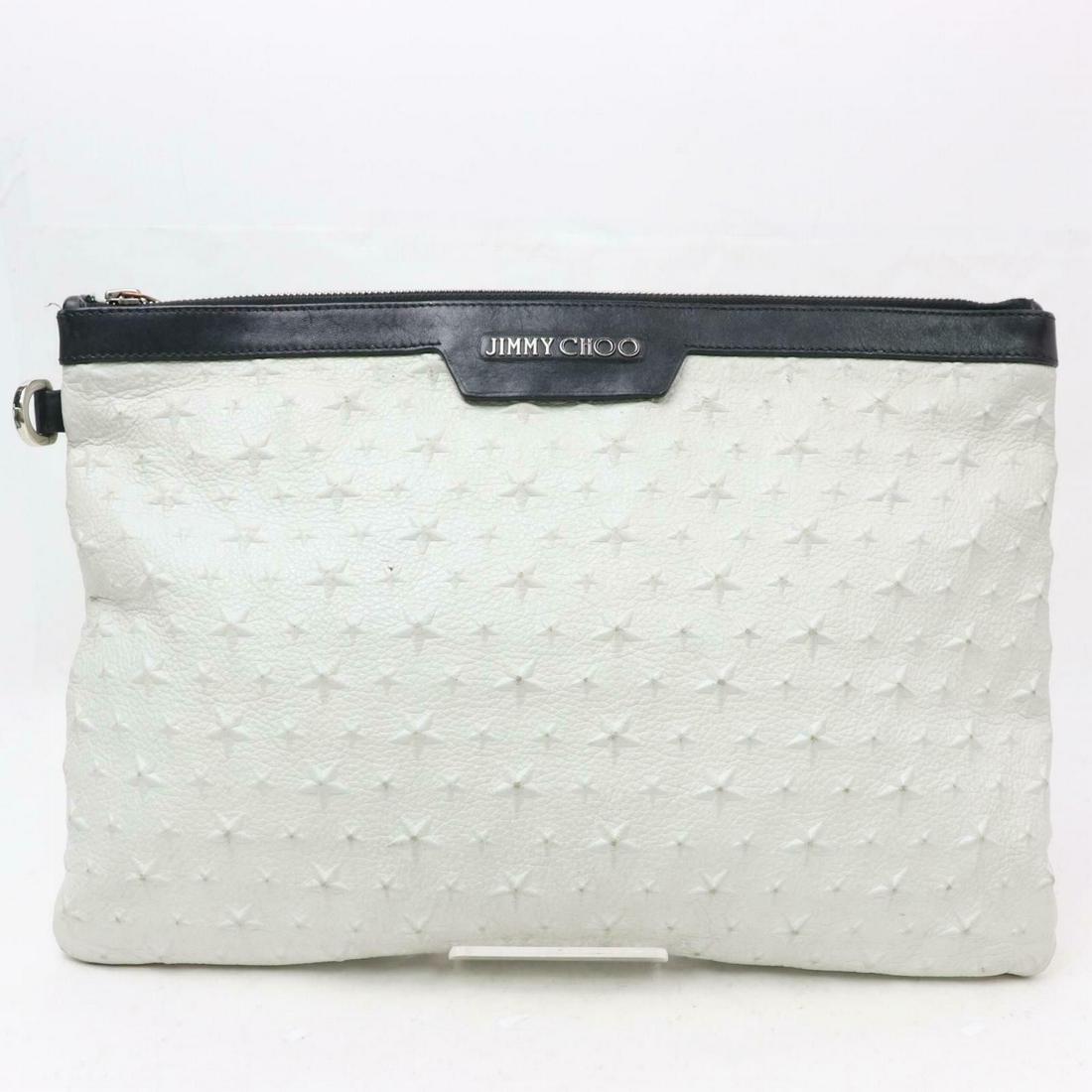 Authentic JIMMY CHOO Leather Clutch: Brand: JIMMY CHOO Material: Leather Style: Clutch Color: Whites Size(inch): W14.5 inch(approx) /37 cm(approx) x H9.44 inch(approx) /24 cm(approx) x D0 inch(approx) /0 cm(approx) " Country of Origin: I