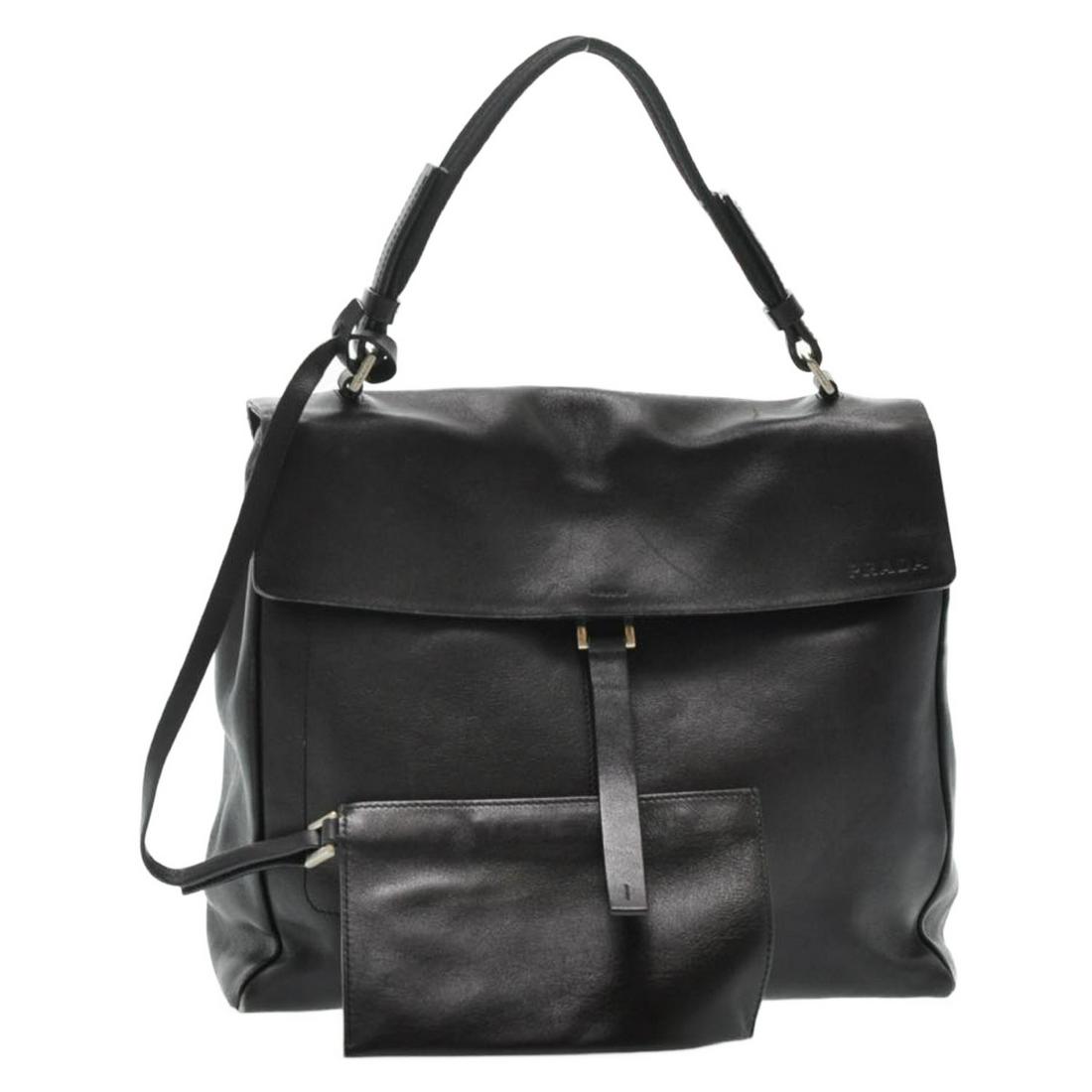 Authentic Prada Leather Hand Bag: Brand: Prada Style: Hand Bag Material: Leather Color: Black Made In: Italy Size (Inches): W11.02 X H9.44 X D3.93Inch(Approx) Exterior Condition: Leather : Loose Shape, Rubbing, Partial Peel Handle : m