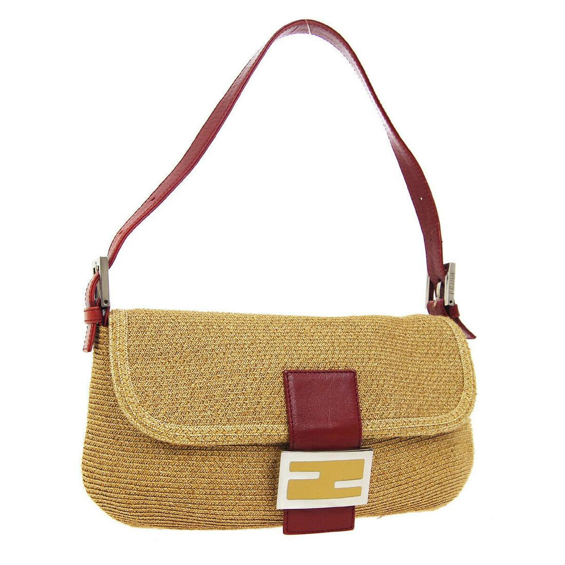 Authentic FENDI BAGUETTE Leather, Linen Hand Bag: Brand: FENDI Material: Leather, Linen Style: Hand Bag Color: Beige, Red Size(inch): W11.0 x H6.7 x D0.8 " Size(inch): W 11.0 x H 6.7 x D 0.8 " Handle Drop. 4.7 - 7.1 " Country of Origin: Italy Come wi