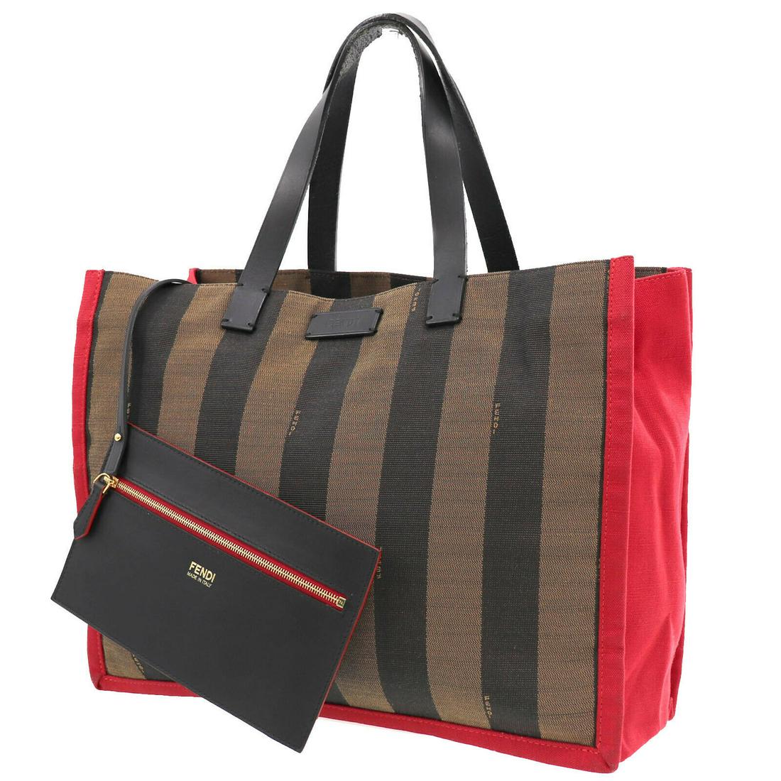 Authentic FENDI Canvas Tote: Brand: FENDI Material: Canvas Style: Tote Color: Brown, Black, Red Size(Inch): H 11.0 x D 5.1 x L 14.1 Handle : 14.1 Country of Origin: Italy Come with: Small Leather Pouch(image 12) All Bidhaus items