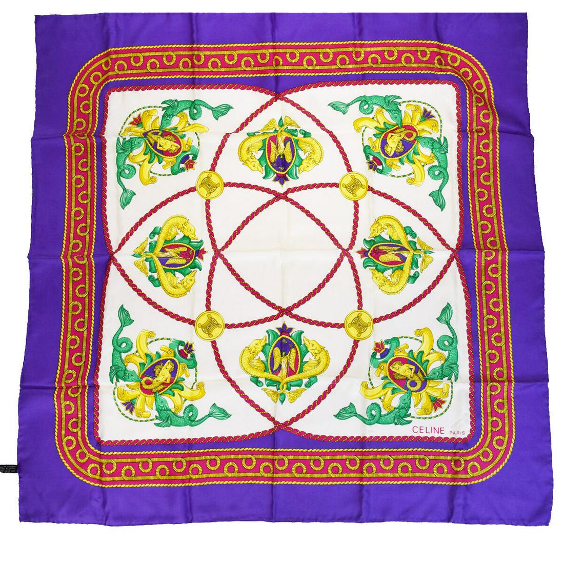 Authentic CELINE 100% Silk Scarf: Brand: CELINE Material: 100% Silk Style: Scarf Color: Purple Size(inch): W 34.3 x H 34.3 x D 0 "(approx.) Country of Origin: Italy Come with: - All Bidhaus items come with a 100% money-back authentici