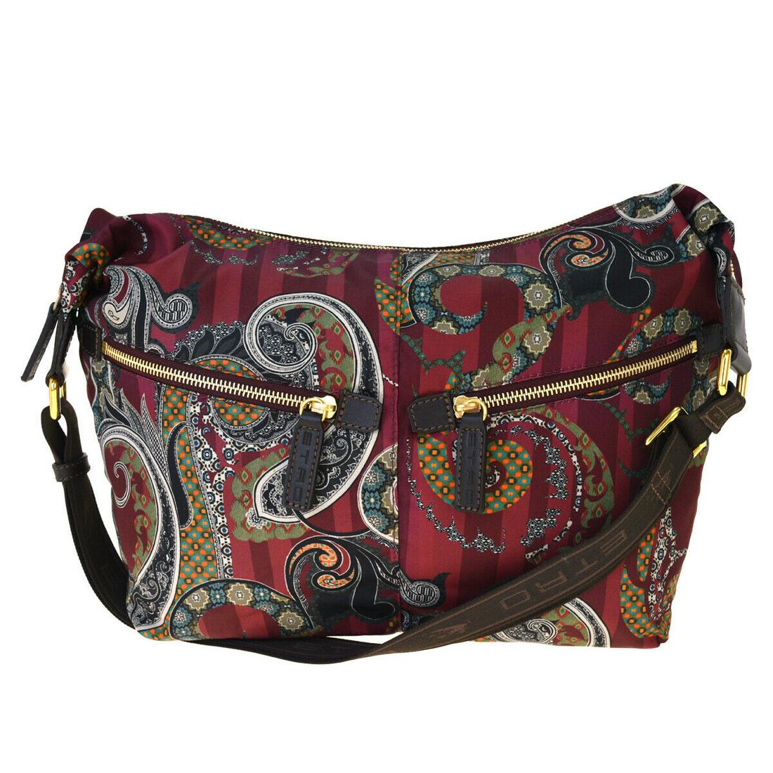 Authentic ETRO Nylon Leather Shoulder Bag: Brand: ETRO Material: Nylon Leather Style: Shoulder Bag Color: Bordeaux, Size(inch): W 11.4 x H 9.8 x D 4.7 "(approx.) Country of Origin: Italy Come with: - All Bidhaus items come with a 100% money-ba