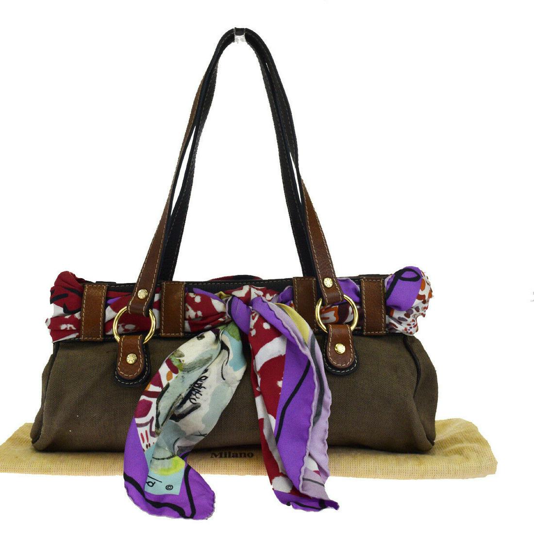 Authentic ETRO Canvas, Leather,Scarf Shoulder Bag: Brand: ETRO Material: Canvas, Leather,Scarf Style: Shoulder Bag Color: Brown Size(inch): W 13.8 x H 6.7 x D 3.5 "(approx.) Country of Origin: Italy Come with: Dust bag All Bidhaus items come with a 10