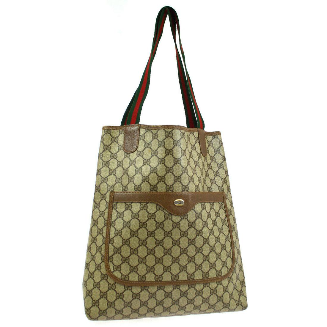 Authentic GUCCI PVC, Leather Shoulder Tote Bag: Brand: GUCCI Material: PVC, Leather Style: Shoulder Tote Bag Color: Brown, Green, Red Size(inch): W12.2 x H14.2 x D3.5 " / Strap Drop: 10.2 Size(inch): W 12.2 x H 14.2 x D 3.5 " Strap Drop. 10.2 " Cou
