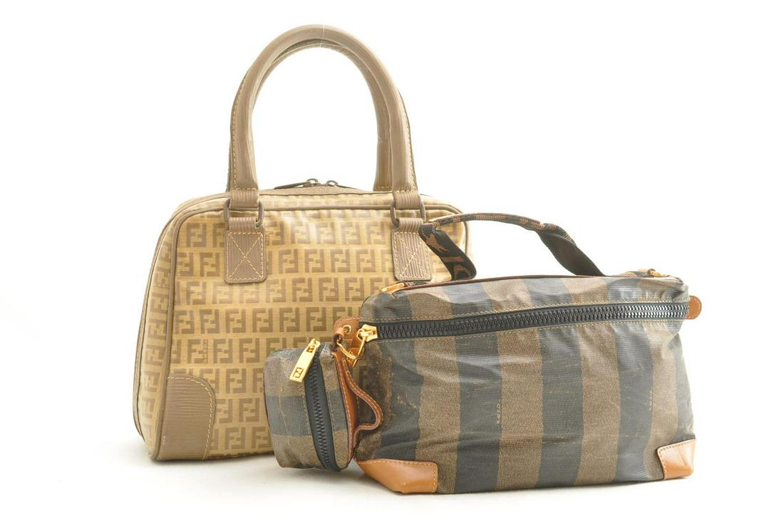 Authentic FENDI Zucchino Canvas / Pequin Canvas Hand: Brand: FENDI Material: Zucchino Canvas / Pequin Canvas Style: Hand Bag / Pouch Color: Khaki Size(inch): â€“ Country of Origin: Italy Accessory: There is no item box and dust bag. We will send onl