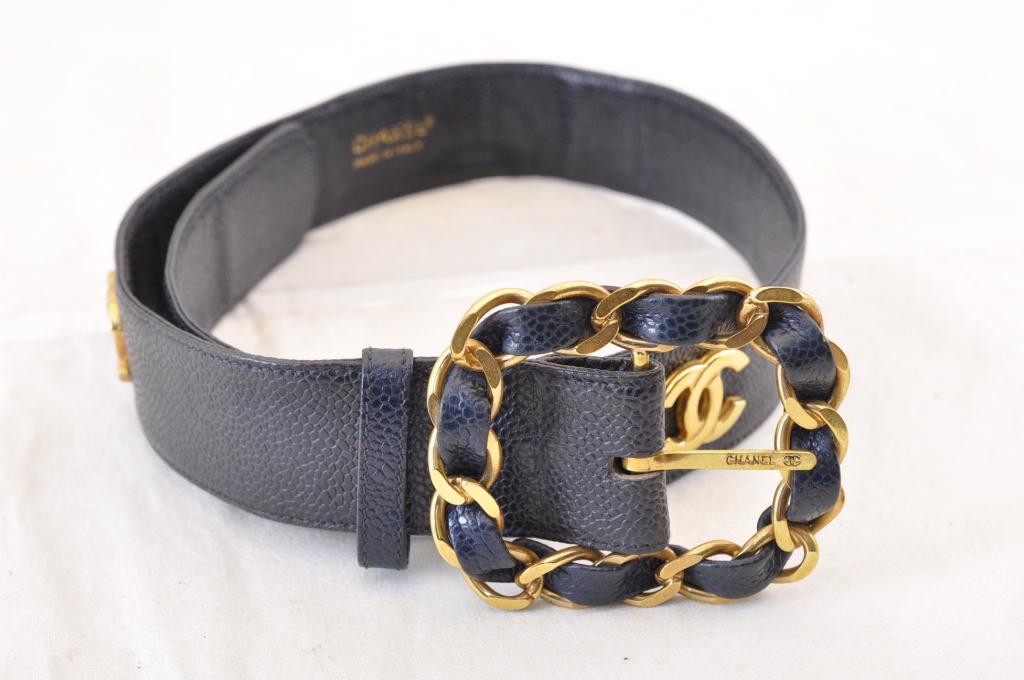Authentic CHANEL Caviar Skin Leather Belt: Brand: CHANEL Material: Caviar Skin Leather Style: Belt Color: Black Size(inch): W33.07 x H1.45inch(Approx) Country of Origin: France Accessory: There is no item box and dust bag. We will send only th