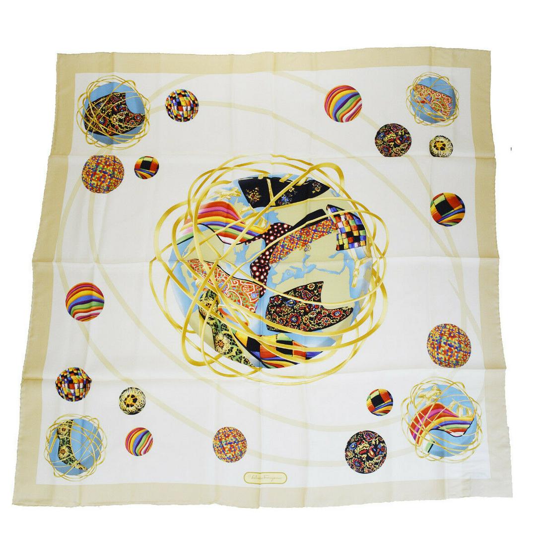 Authentic SALVATORE FERRAGAMO 100% Silk Scarf: Brand: SALVATORE FERRAGAMO Material: 100% Silk Style: Scarf Color: Beige Size(inch): W 34.3 x H 34.3 x D 0 "(approx.) Country of Origin: Italy Come with: - All Bidhaus items come with a 100% money-bac