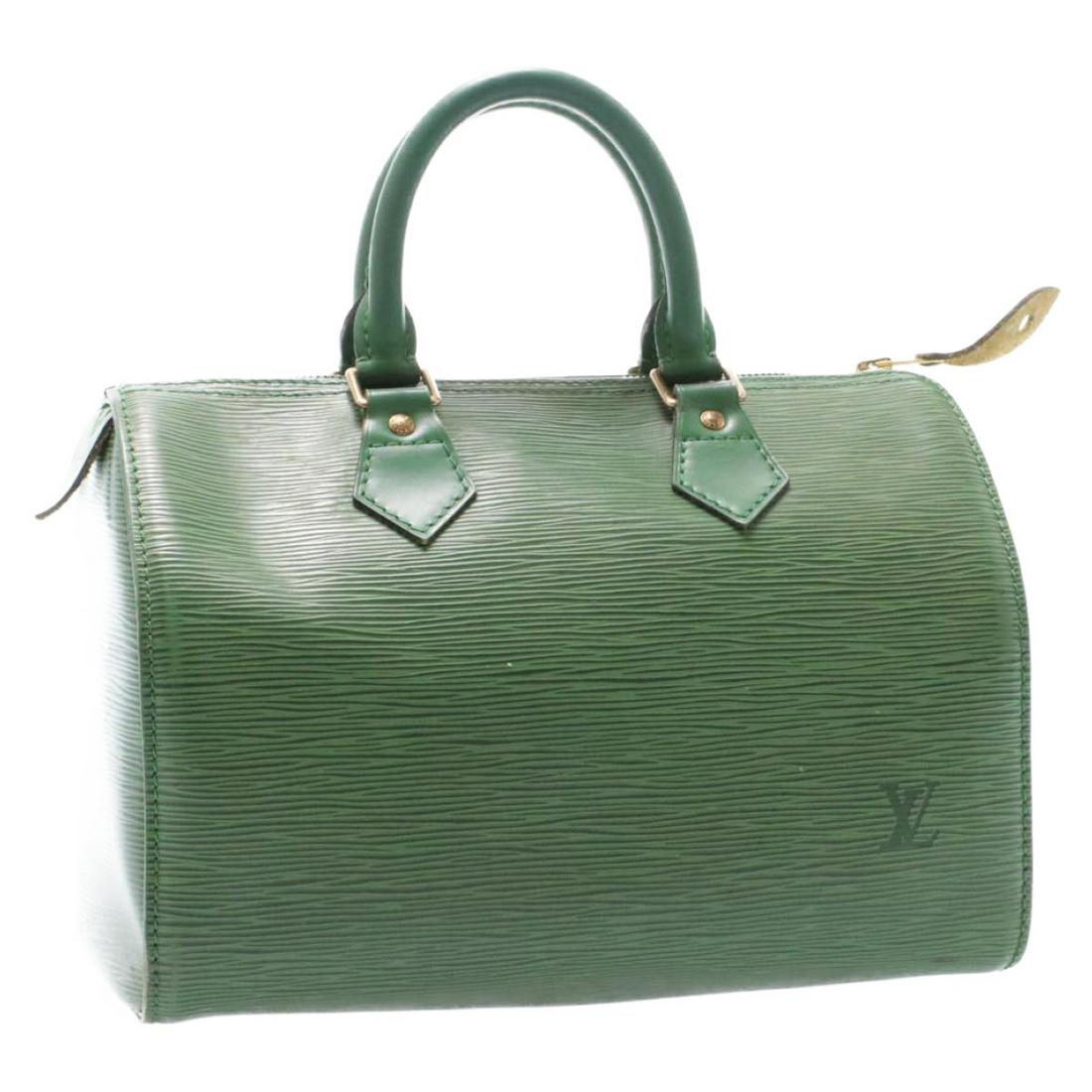 Authentic Louis Vuitton Epi Speedy 25 Hand Bag Green: Brand: Louis Vuitton Style: Hand Bag Material: Epi Leather Color: Green Made In: France Size (Inches): W10.5 X H7.5 X D5.5"(Approx) Exterior Condition: Epi Leather : minor loose Shape, Rubbing Handle