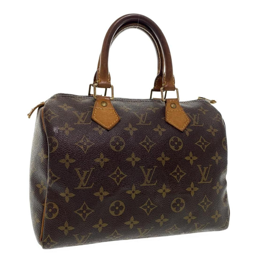 Authentic Louis Vuitton Monogram Speedy 25 Hand Bag: Brand: Louis Vuitton Style: Hand Bag Material: Monogram Canvas Color: Monogram Made In: France Size (Inches): W10 X H7.5 X D6"(Approx) Exterior Condition: Monogram Canvas : Rubbing, loose Shape, minor