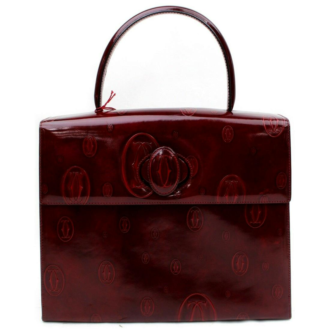 Authentic CARTIER Patent Leather Hand Bag: Brand: CARTIER Material: Patent Leather Style: Hand Bag Color: Bordeaux Size(inch): W10.2 inch(approx) /26 cm(approx) x H8.26 inch(approx) /21 cm(approx) x D3.54 inch(approx) /9 cm(approx) " Country o