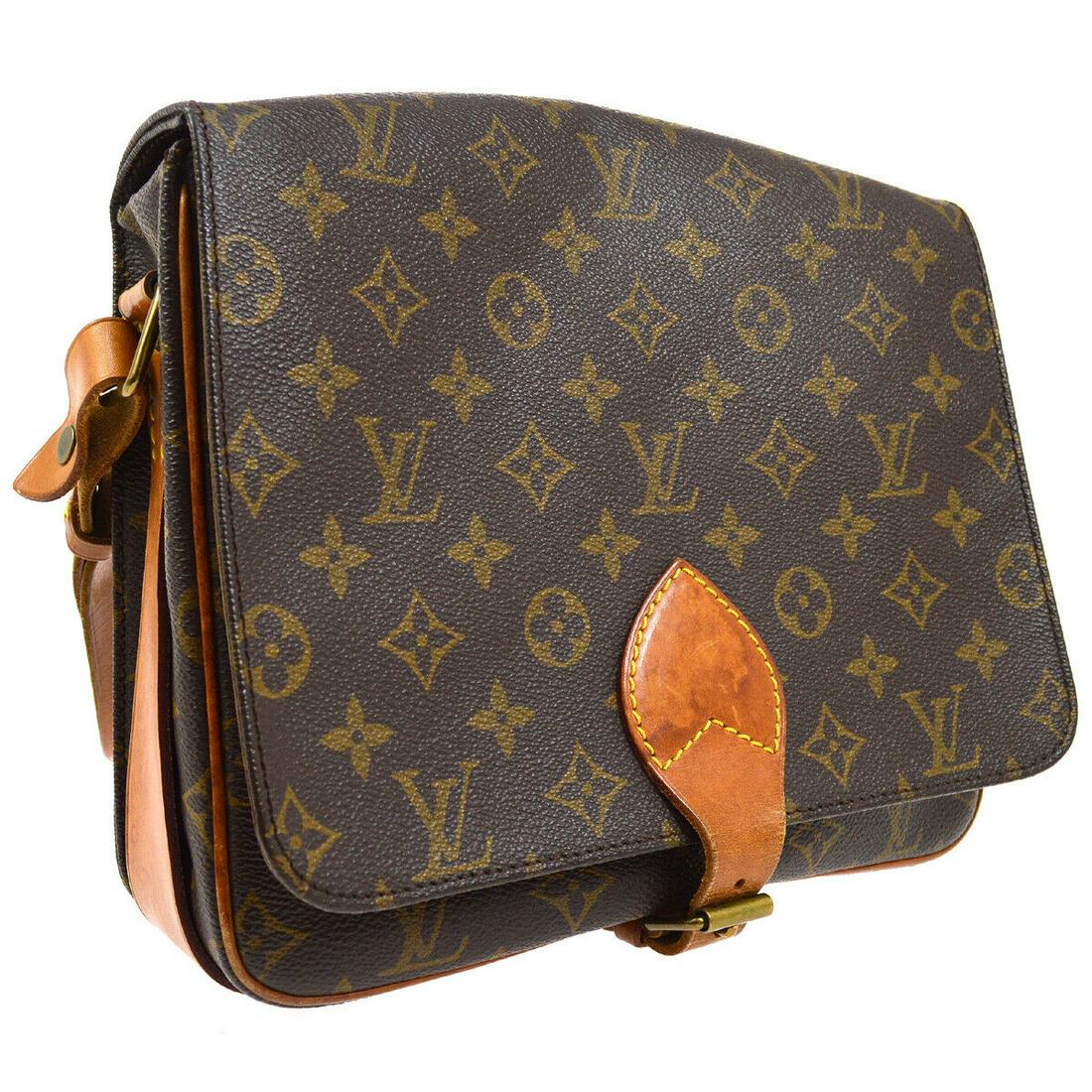 Authentic LOUIS VUITTON CARTOUCHIERE Monogram Canvas,: Brand: LOUIS VUITTON Material: Monogram canvas, Leather Style: Cross Body Color: Brown Size(inch): W 9.8 x H 9.1 x D 2.8 " Strap Drop. 11.4 - 24.4 " Country of Origin: France Come with: - All Bidhaus