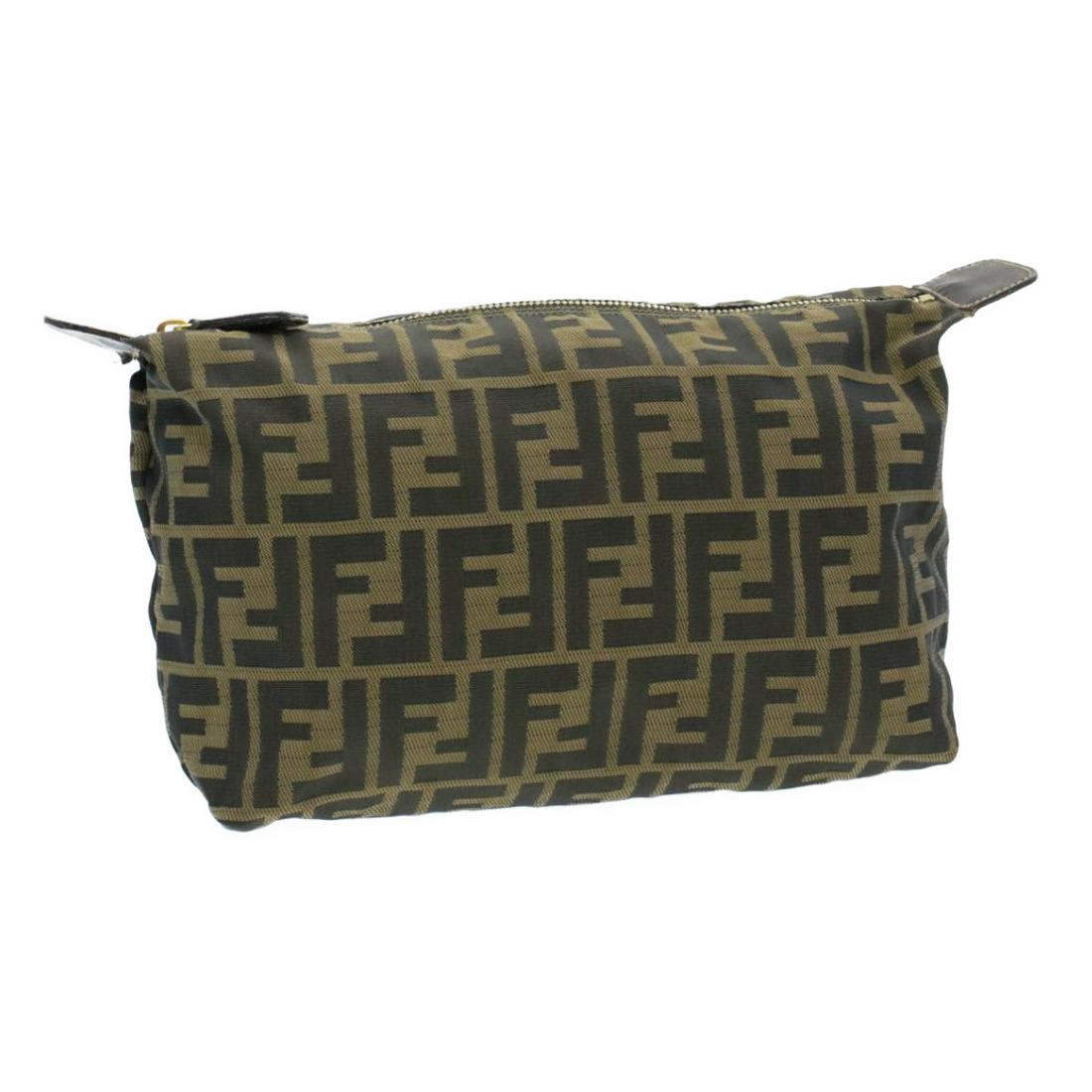 FENDI Zucca Canvas Pouch Black Brown Nylon: Brand: FENDIStyle: PouchMaterial: NylonColor: Black / BrownMade in: ItalySize (Inches): W10.62 x H5.9 x D3.14inch(Approx)Exterior Condition: Nylon : lose shape, rubbing Leather : slightly rubbingInter
