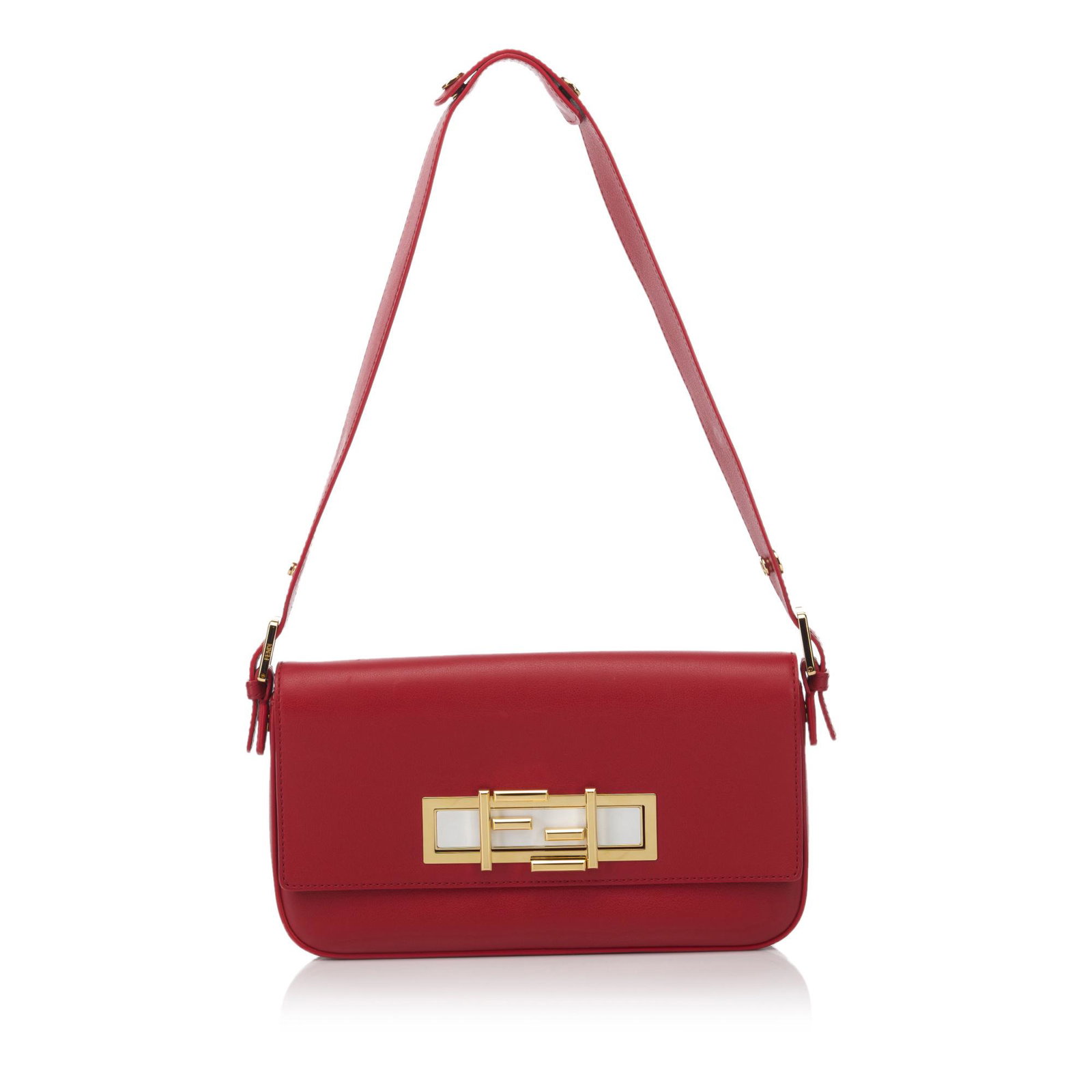 Authentic Fendi Leather 3 Baguette: The 3 Baguette features a leather body, a flat strap, a front flap with gold-tone hardware and a magnetic closure, and interior slip pockets. Brand: Fendi Model: Leather 3 Baguette Color: Red x Gold D