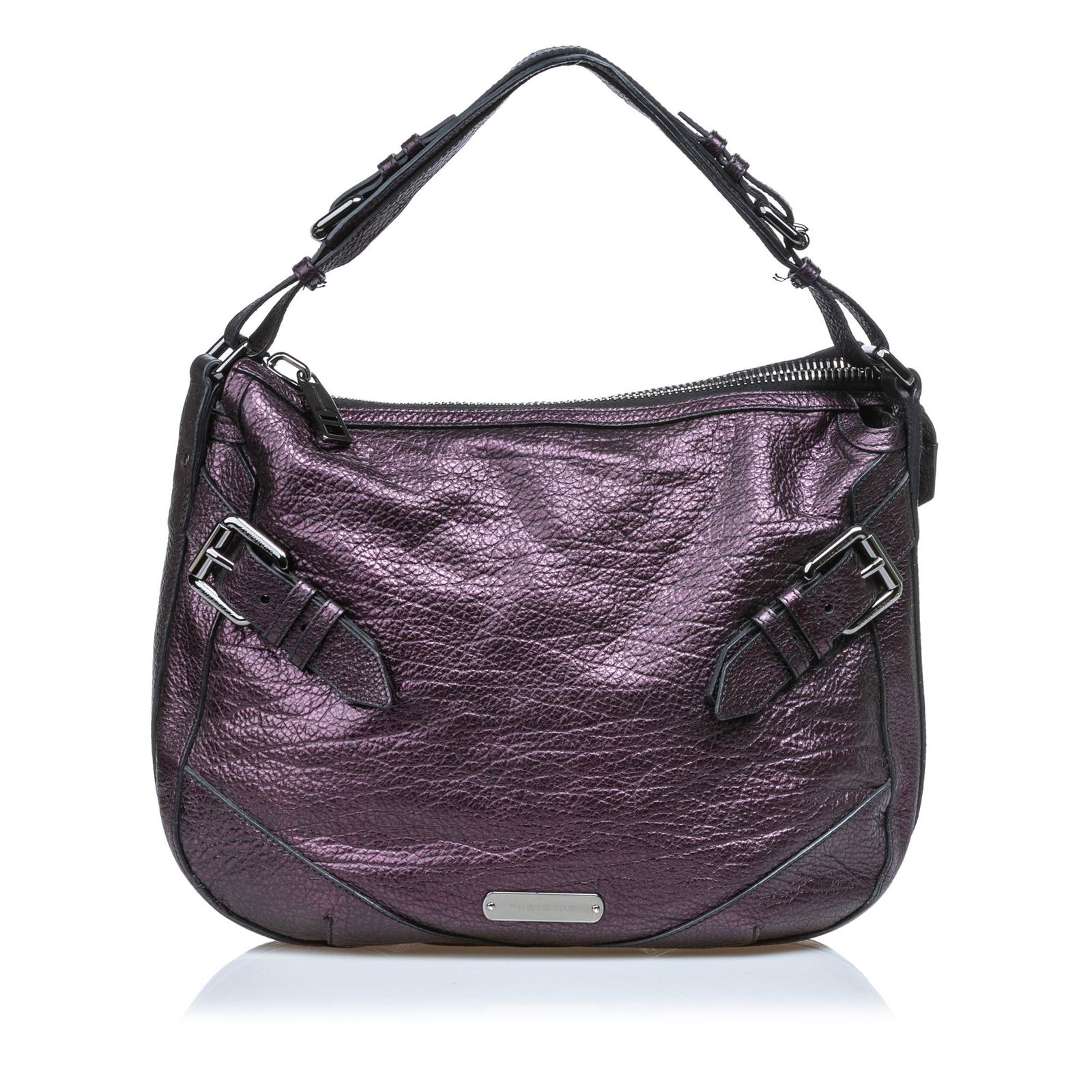 Authentic Burberry Leather Hobo Bag: This hobo bag features a leather body with buckle details, a flat leather strap, a top zip closure, and interior zip and slip pockets. Brand: Burberry Model: Leather Hobo Bag Color: Purple Drop Length