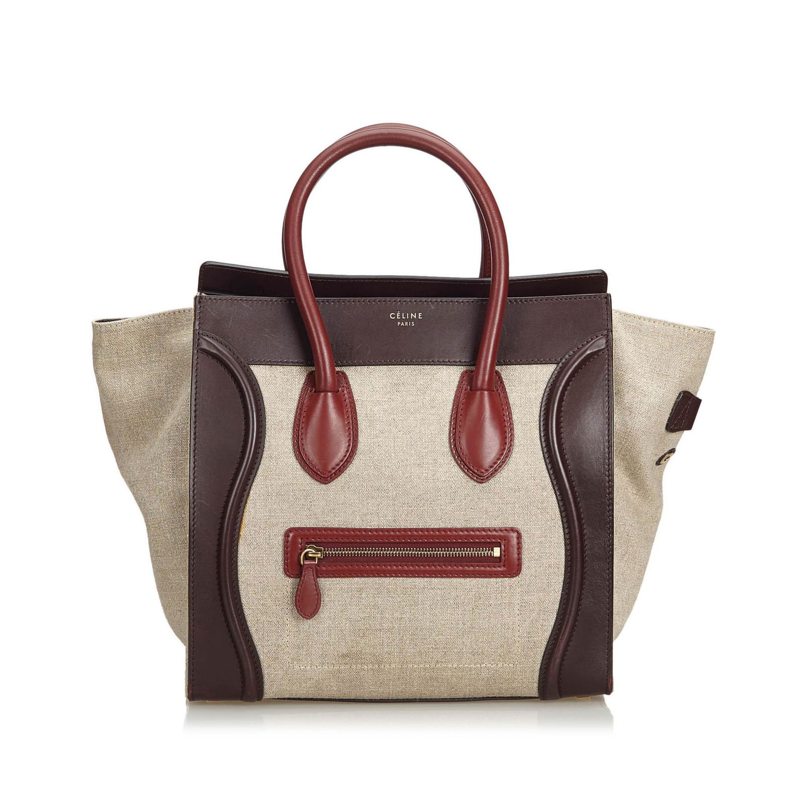 Authentic Celine Leather Luggage Tote Bag: The Phantom tote bag features a canvas body with leather trim, a front exterior zip pocket, rolled leather handles, an open top, and interior zip pocket. Brand: Celine Model: Leather Luggage Tote Bag