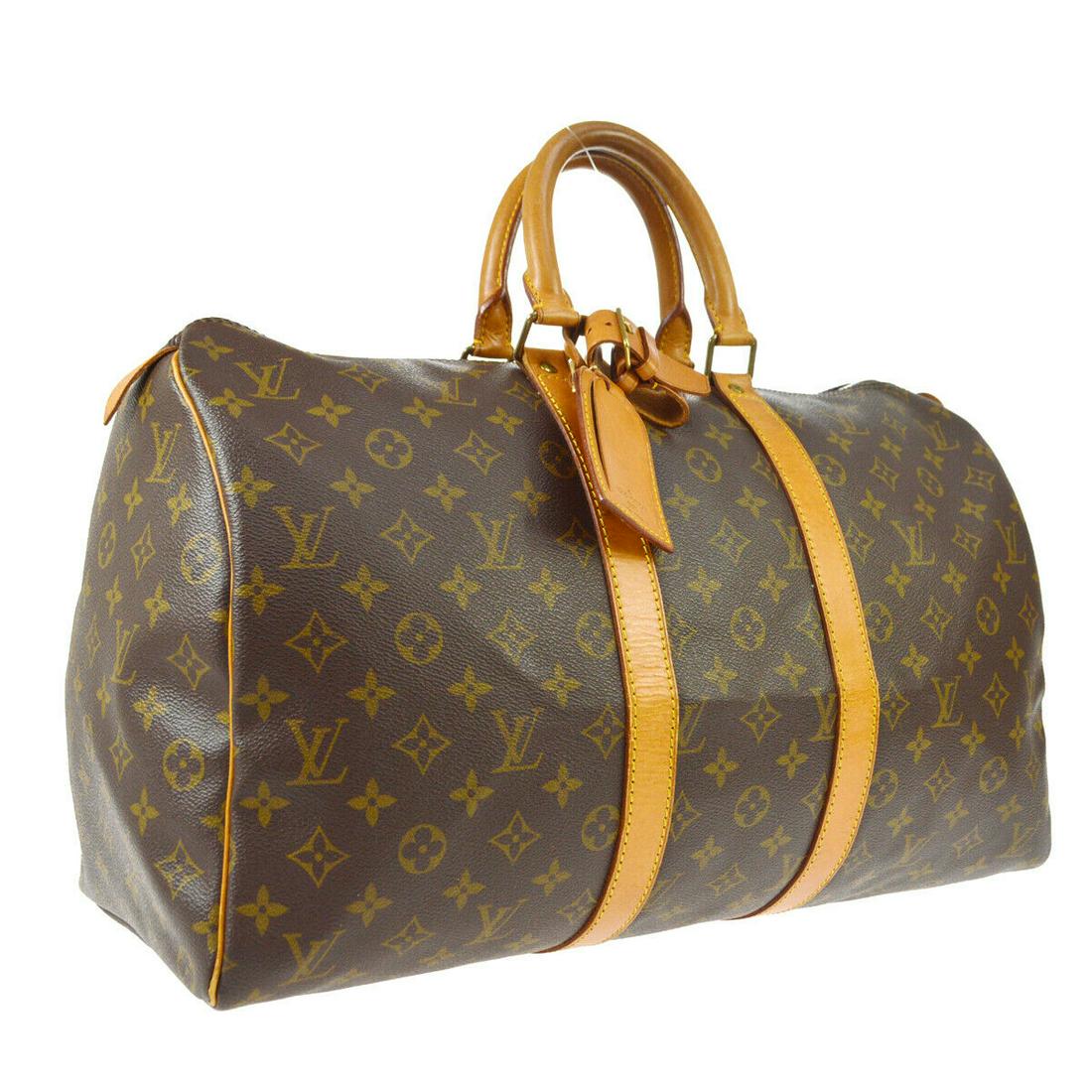 Authentic LOUIS VUITTON Monogram Canvas, Leather Travel: Brand: LOUIS VUITTON Material: Monogram Canvas, Leather Style: Travel Hand Bag Color: Brown Size(inch): W18.1 x H10.2 x D8.3 " Size(inch): W 18.1 x H 10.2 x D 8.3 " Handle Drop. 3.5 " Country of Origi