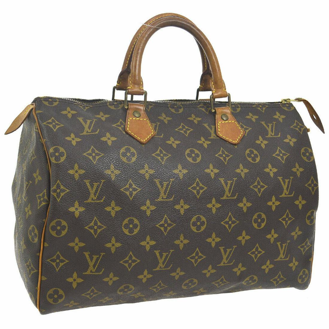 Authentic LOUIS VUITTON SPEEDY Monogram Canvas, Leather: Brand: LOUIS VUITTON Material: Monogram Canvas, Leather Style: Hand Bag Color: Brown Size(inch): W14.2 x H9.1 x D7.5 " / Strap Drop: 3.5 Size(inch): W 14.2 x H 9.1 x D 7.5 " Handle Drop. 3.5 " Country