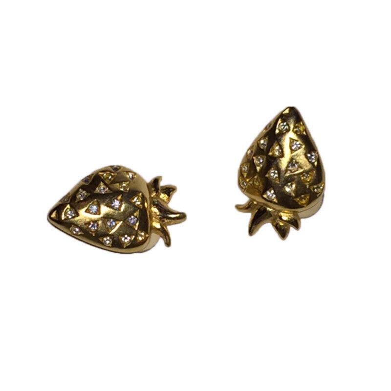 Authentic GIVENCHY Rhinestone Strawberry Clip On: Brand: GIVENCHYFun, fun, fun Givenchy rhinestone strawberry earrings with clear rhinestone details.Base metal with an 18 kt gold plate, matte finish.Circa, 1980s.Earrings measure 1 1/4" long by 3/4" w