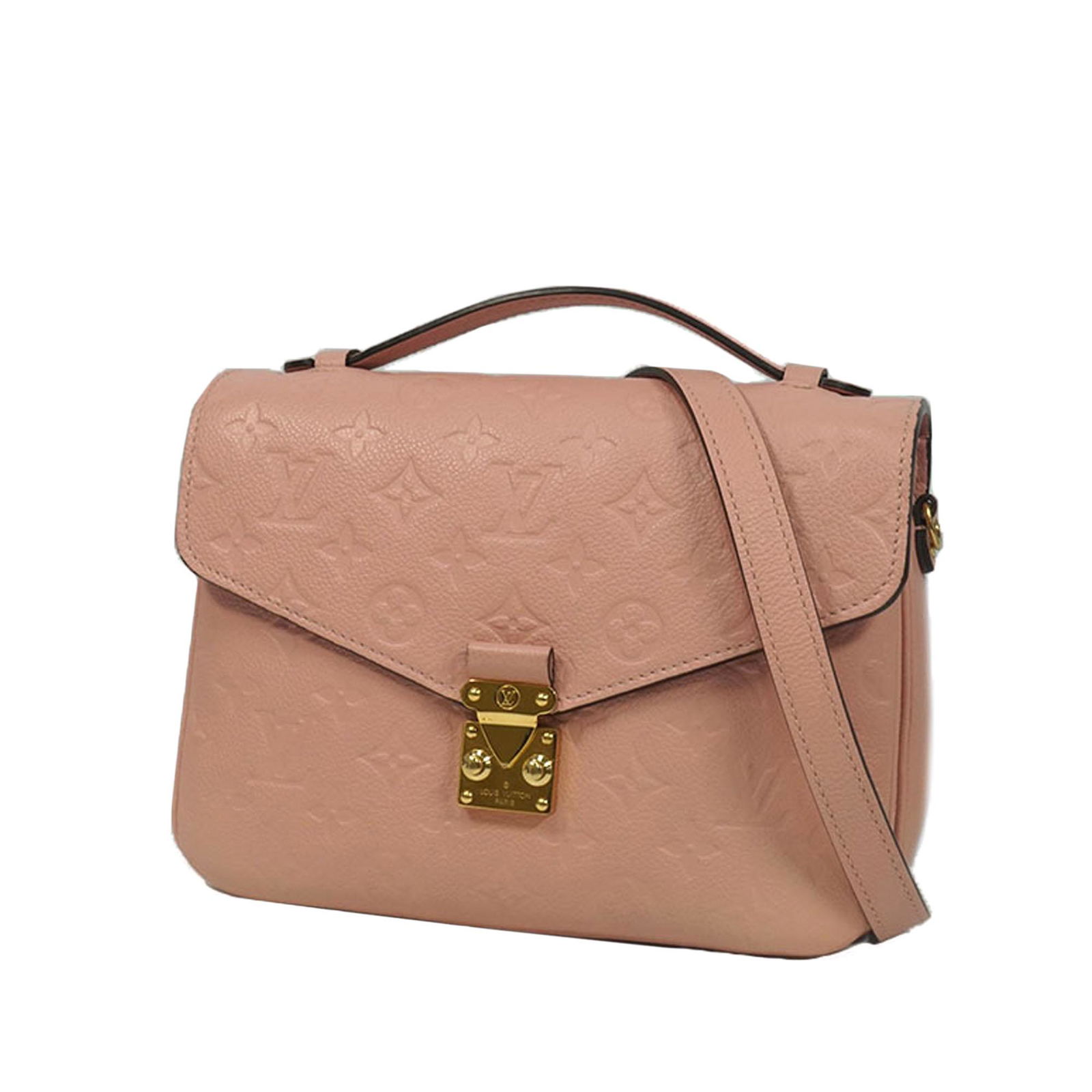 Authentic Louis Vuitton Monogram Empreinte Pochette: The Pochette Metis features a Monogram Empreinte leather body, a flat top handle, a flat strap, a top flat with a push lock closure, an exterior zip pocket, and dual interior compartments.Brand: Louis