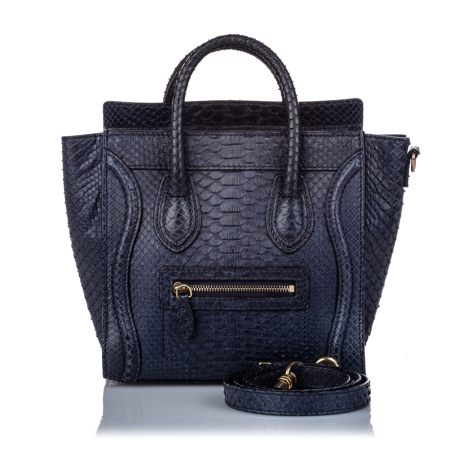 Authentic Celine Python Nano Luggage Satchel: The Nano Luggage feautures a python leather body, rolled handles, a flat detachable strap, a top zip closure, an exterior zip pocket, and an interior slip pocket.Brand: Celine Model: Python Nano Lugga