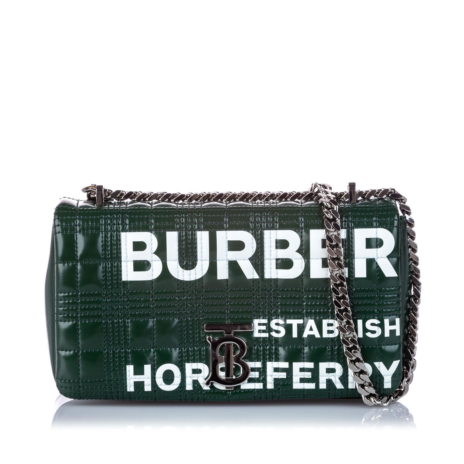Authentic Burberry Small Horseferry Leather Lola: The Lola crossbody features a leather body, a chain strap, a front flap with a magnetic snap button closure, and an interior slip pocket.Brand: Burberry Model: Small Horseferry Leather Lola Crossbody